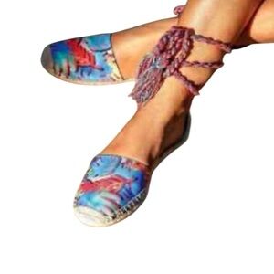 Sam Edelman Lenora D’orsay Ankle Wrap Tropical Palm Espadrille Sandals Sz 6.5